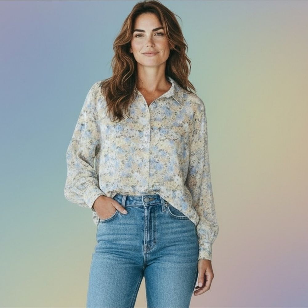 Oat New York Blue and Cream Floral Button Down Shirt